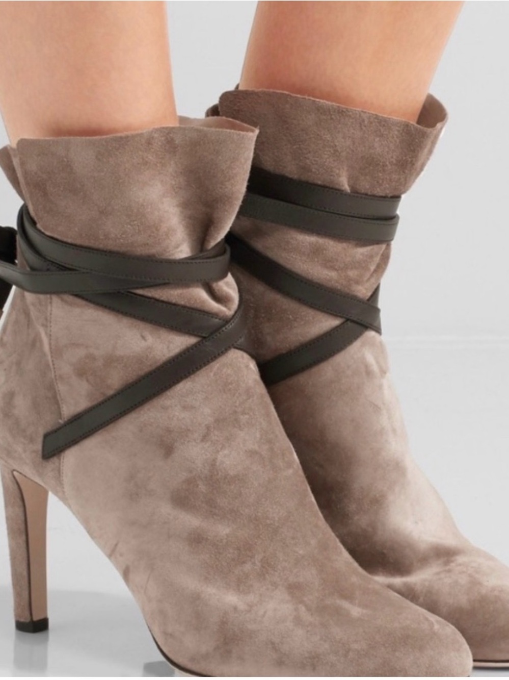 Jimmy Choo Taupe Suede Ankle Boots with Wrap-Around Strap